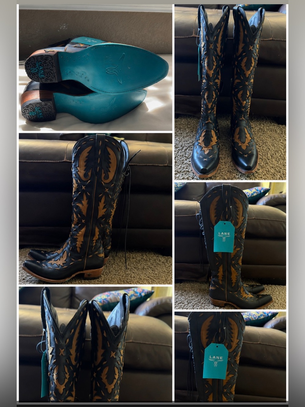 Lane Black & Brown Tooled Leather Over-the-Knee Boots